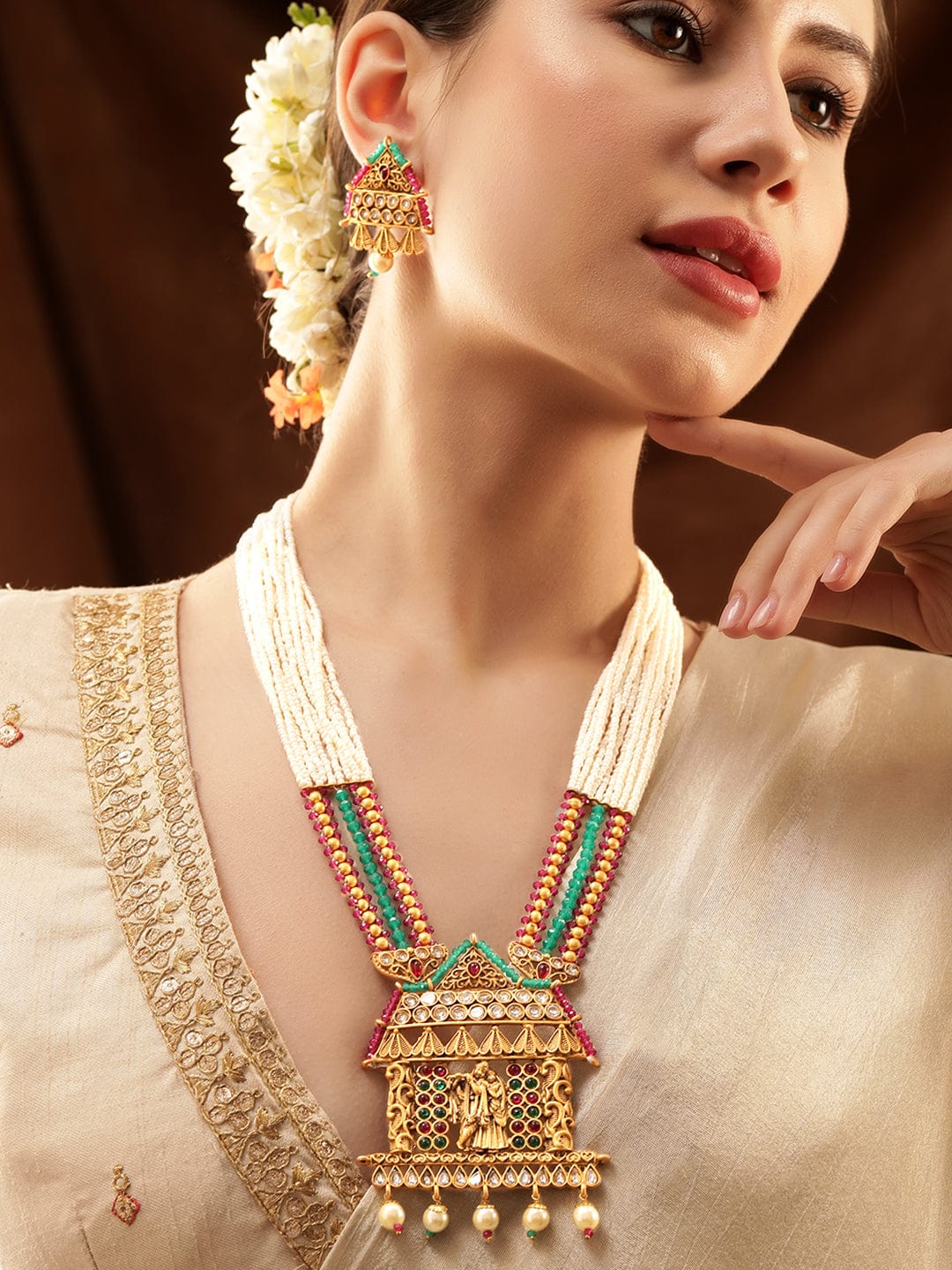 Divine Aura Radha Krishna Necklace Set Gold