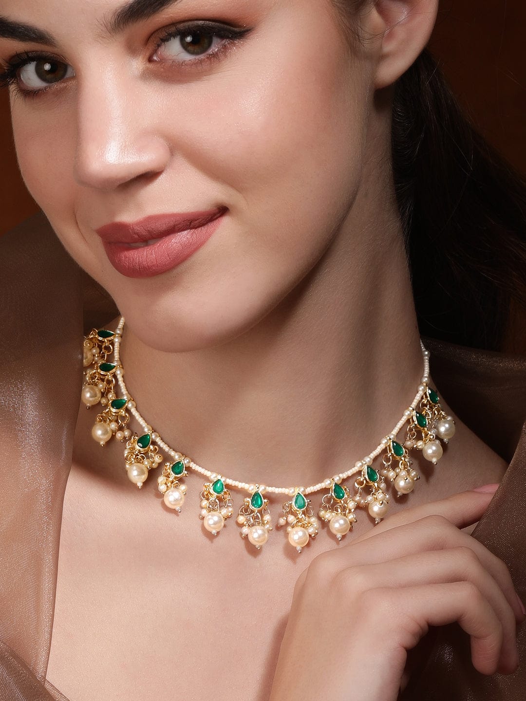 Captivating Green Kundan & Pearl Necklace Gold::Green
