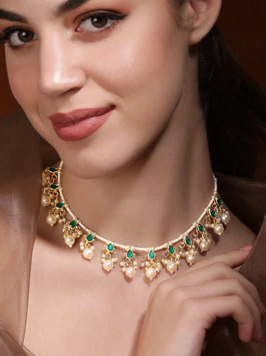 Captivating Green Kundan & Pearl Necklace Gold::Green