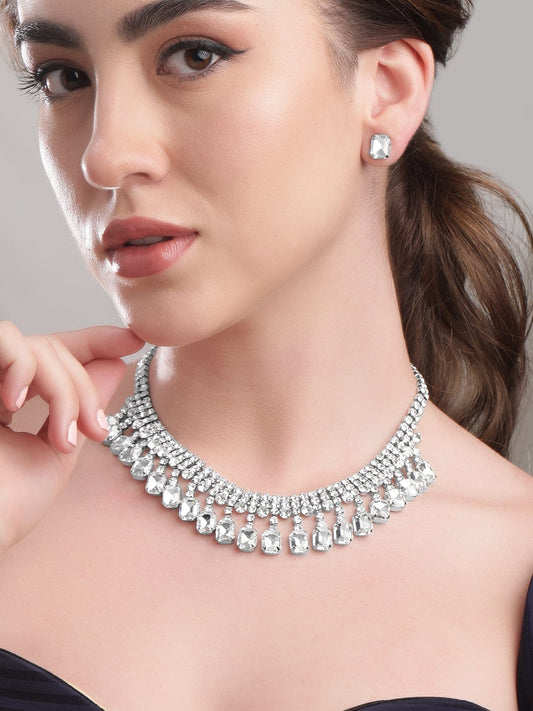 Silver Toned Cubic Drops Necklace Set Silver