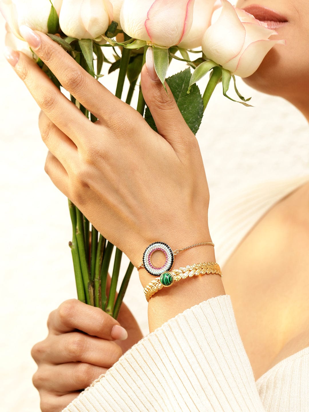 Rubans Set of 2, 18K Gold-Plated Bracelets with Beaded Circular Design & Green Stone Cuff Gold