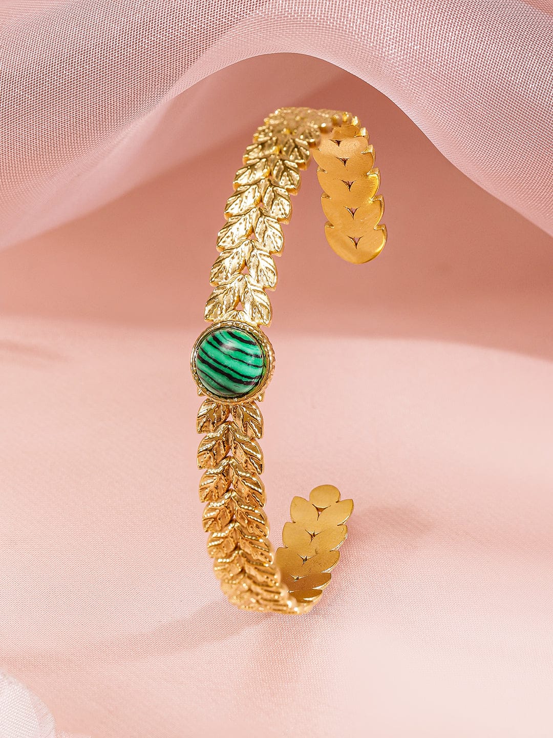 Rubans Set of 2, 18K Gold-Plated Bracelets with Beaded Circular Design & Green Stone Cuff Gold