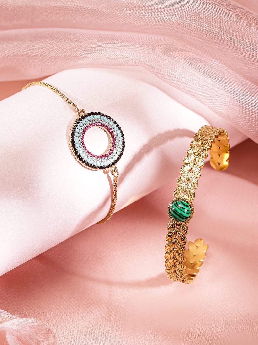 Rubans Set of 2, 18K Gold-Plated Bracelets with Beaded Circular Design & Green Stone Cuff Gold