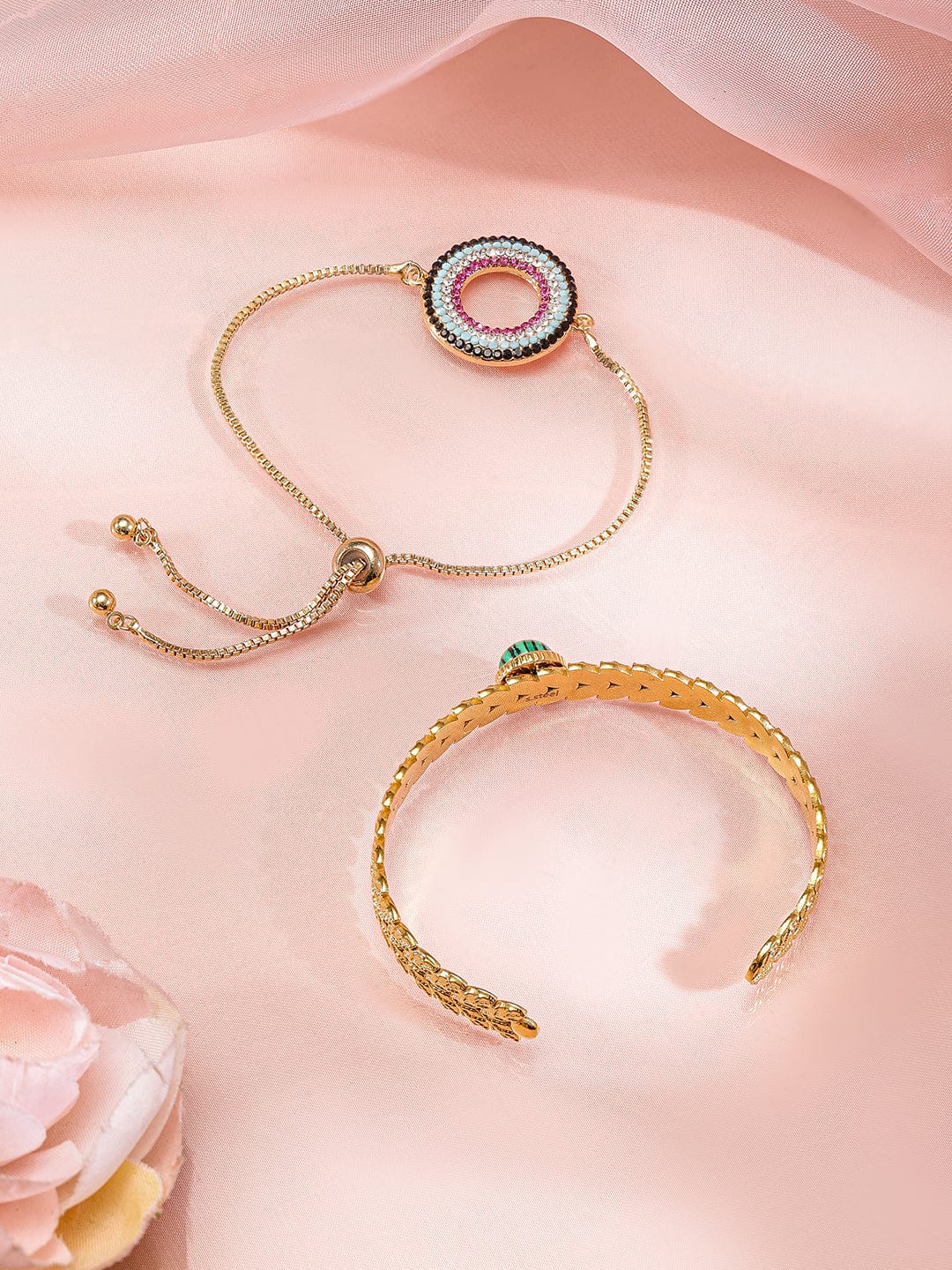 Rubans Set of 2, 18K Gold-Plated Bracelets with Beaded Circular Design & Green Stone Cuff Gold