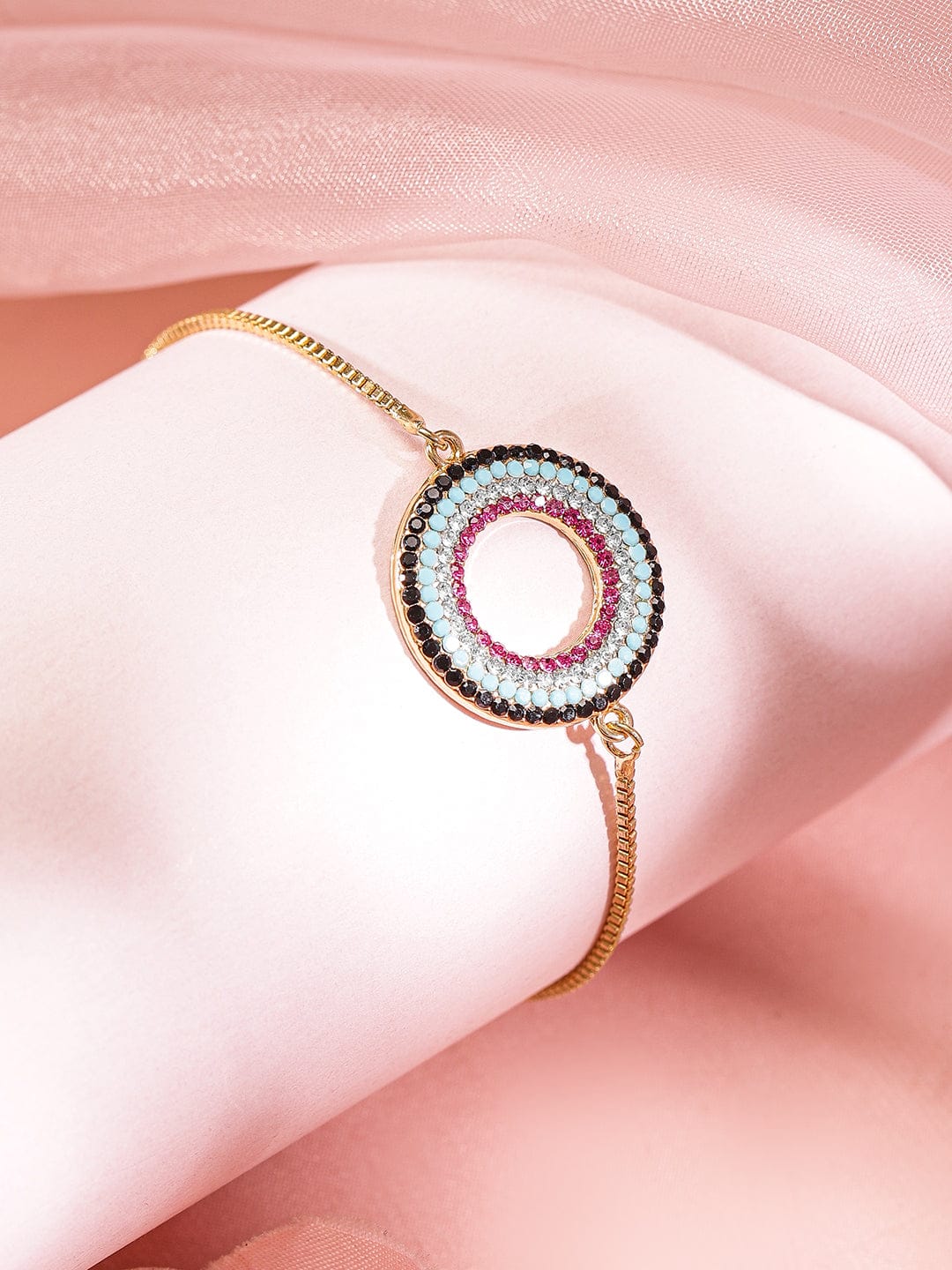 Rubans Set of 2, 18K Gold-Plated Bracelets with Beaded Circular Design & Green Stone Cuff Gold