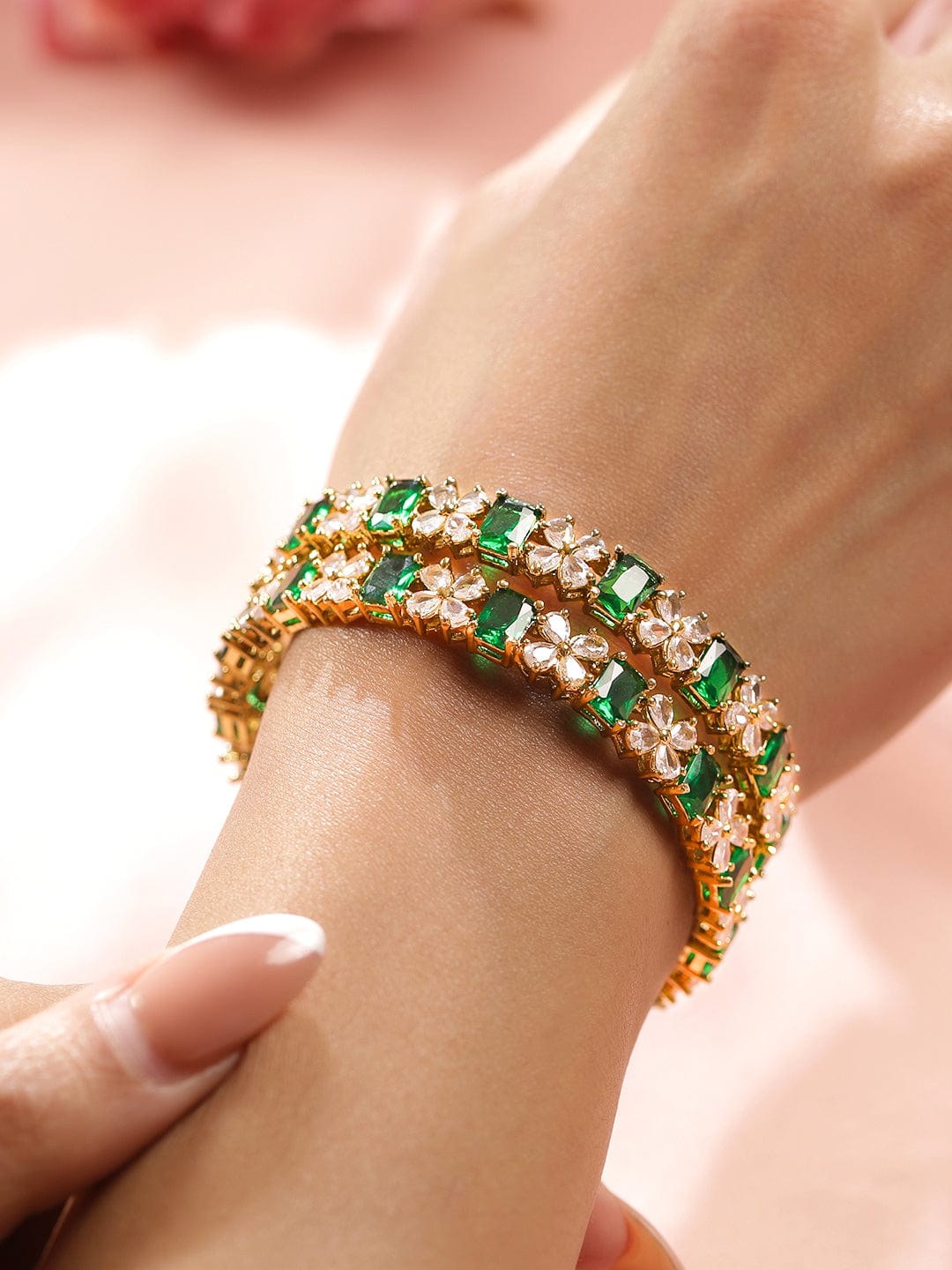 Rubans Set of 2 18K Gold-Plated Emerald Green & White Zirconia Floral Studded Bangles 2.8 - Large