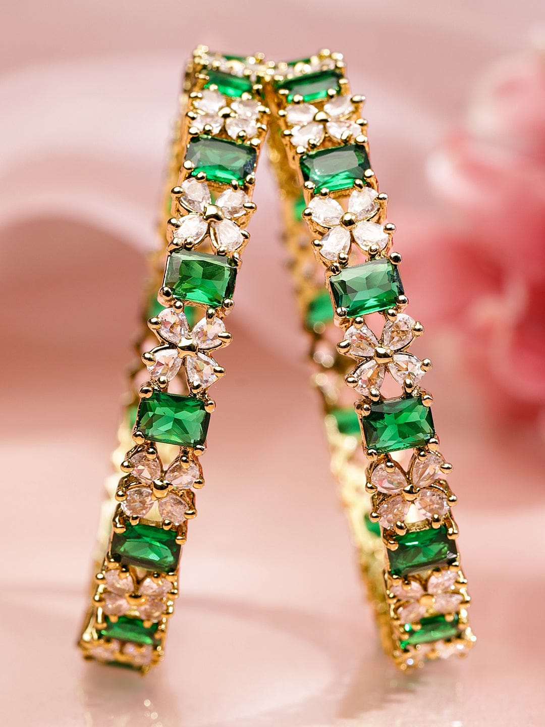 Rubans Set of 2 18K Gold-Plated Emerald Green & White Zirconia Floral Studded Bangles 2.8 - Large