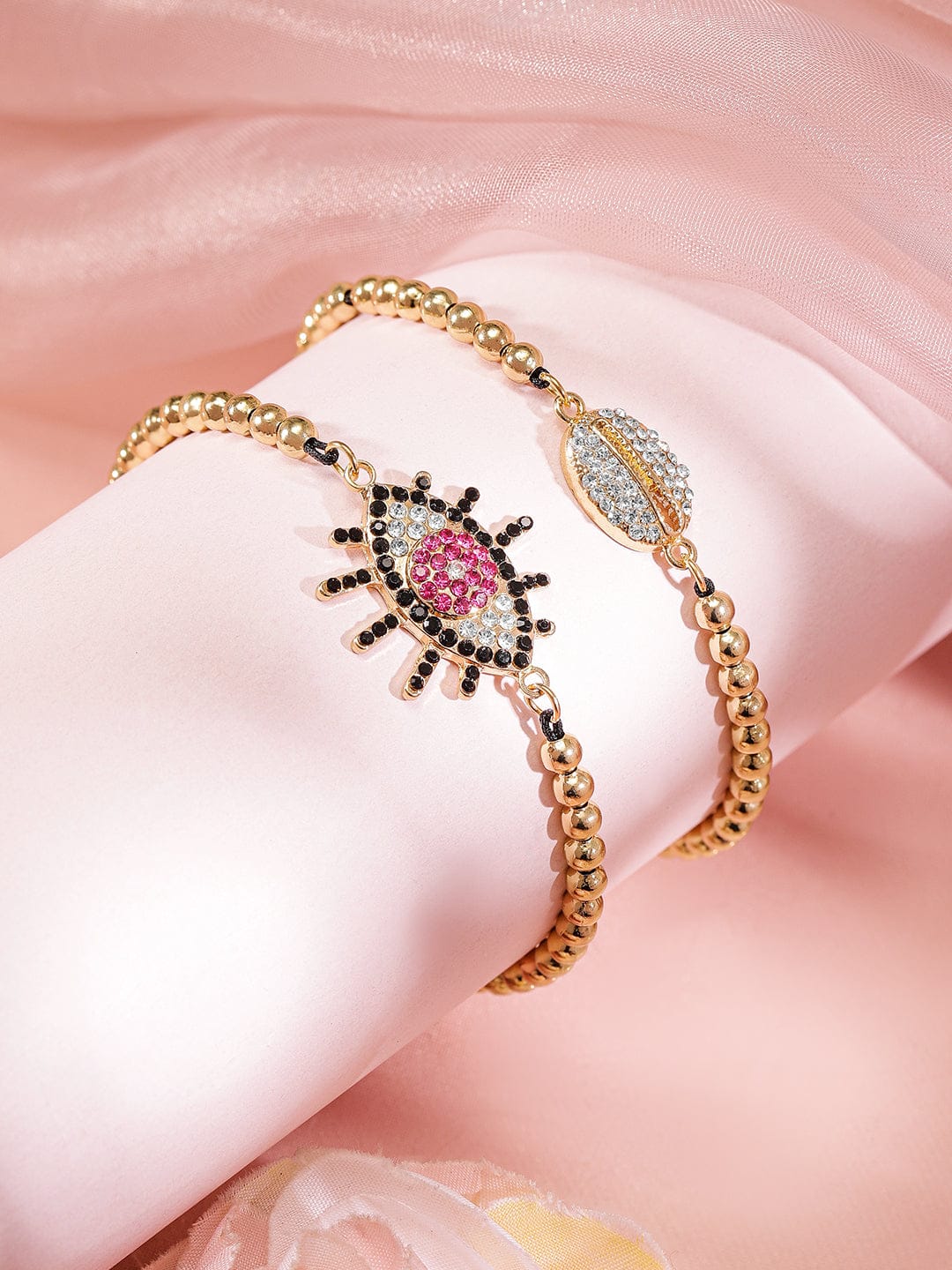 Rubans Set of 2, 18K Gold-Plated Evil Eye & Cowrie Shell Motif Bracelets Gold