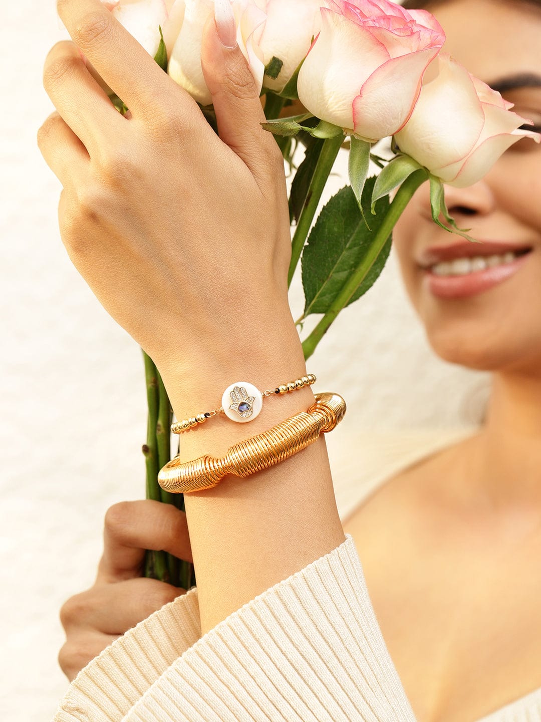 Hand Motif & Textured Gold Bracelet Set Gold