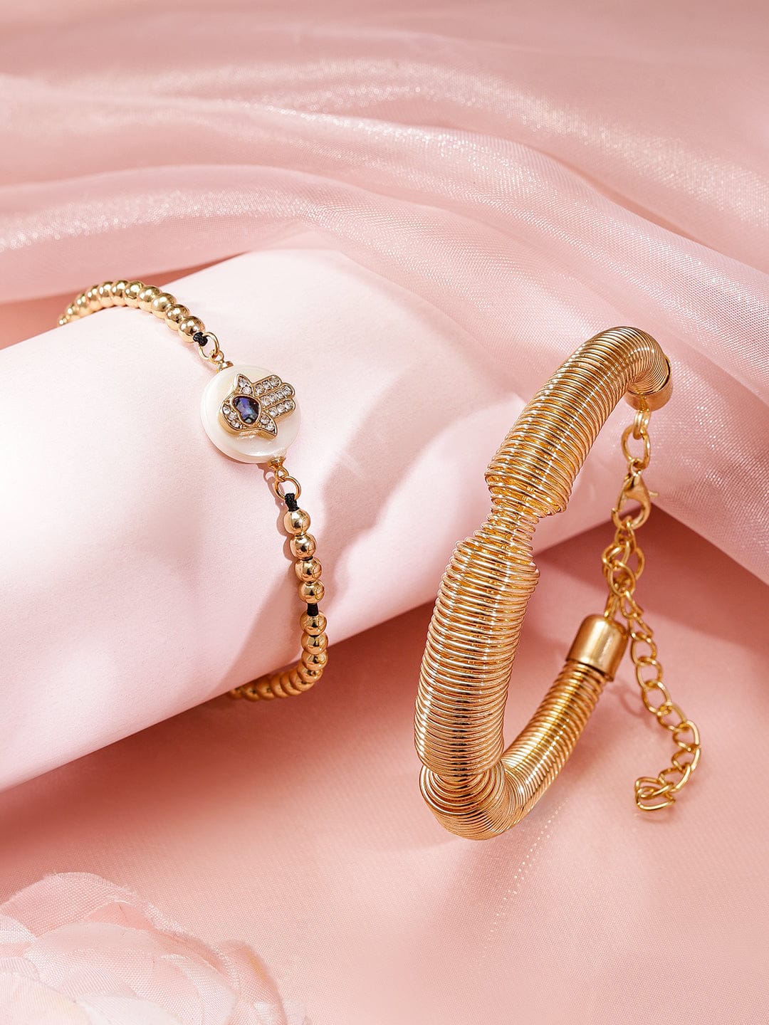 Hand Motif & Textured Gold Bracelet Set Gold