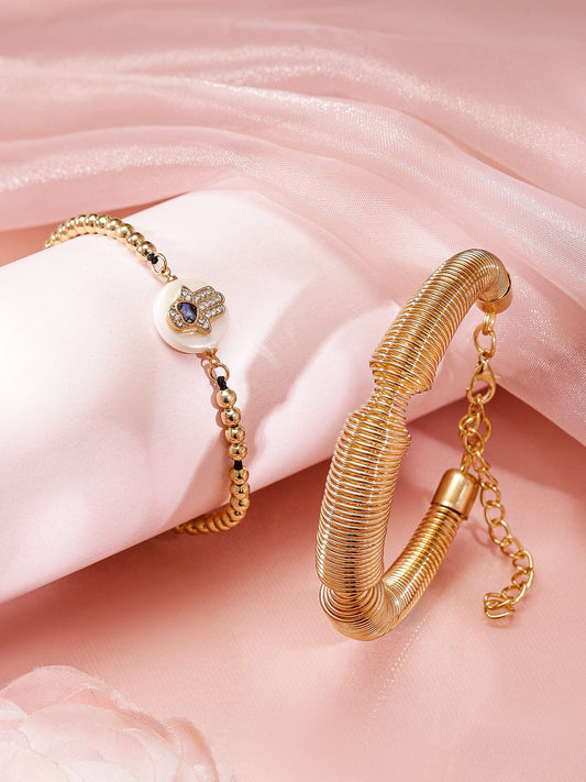 Hand Motif & Textured Gold Bracelet Set Gold