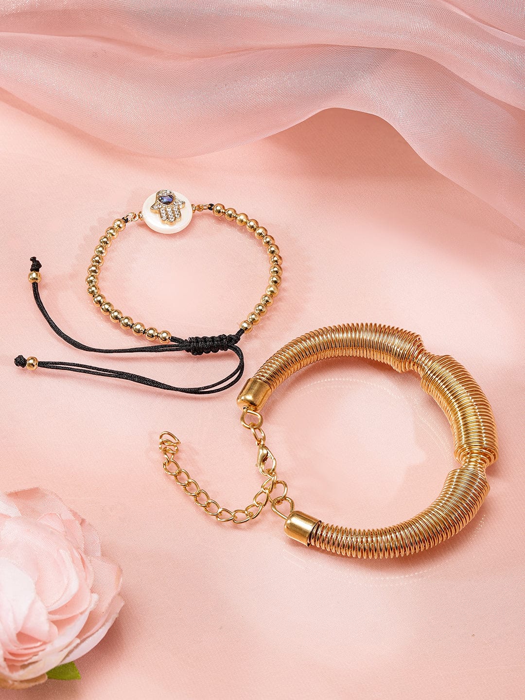 Hand Motif & Textured Gold Bracelet Set Gold