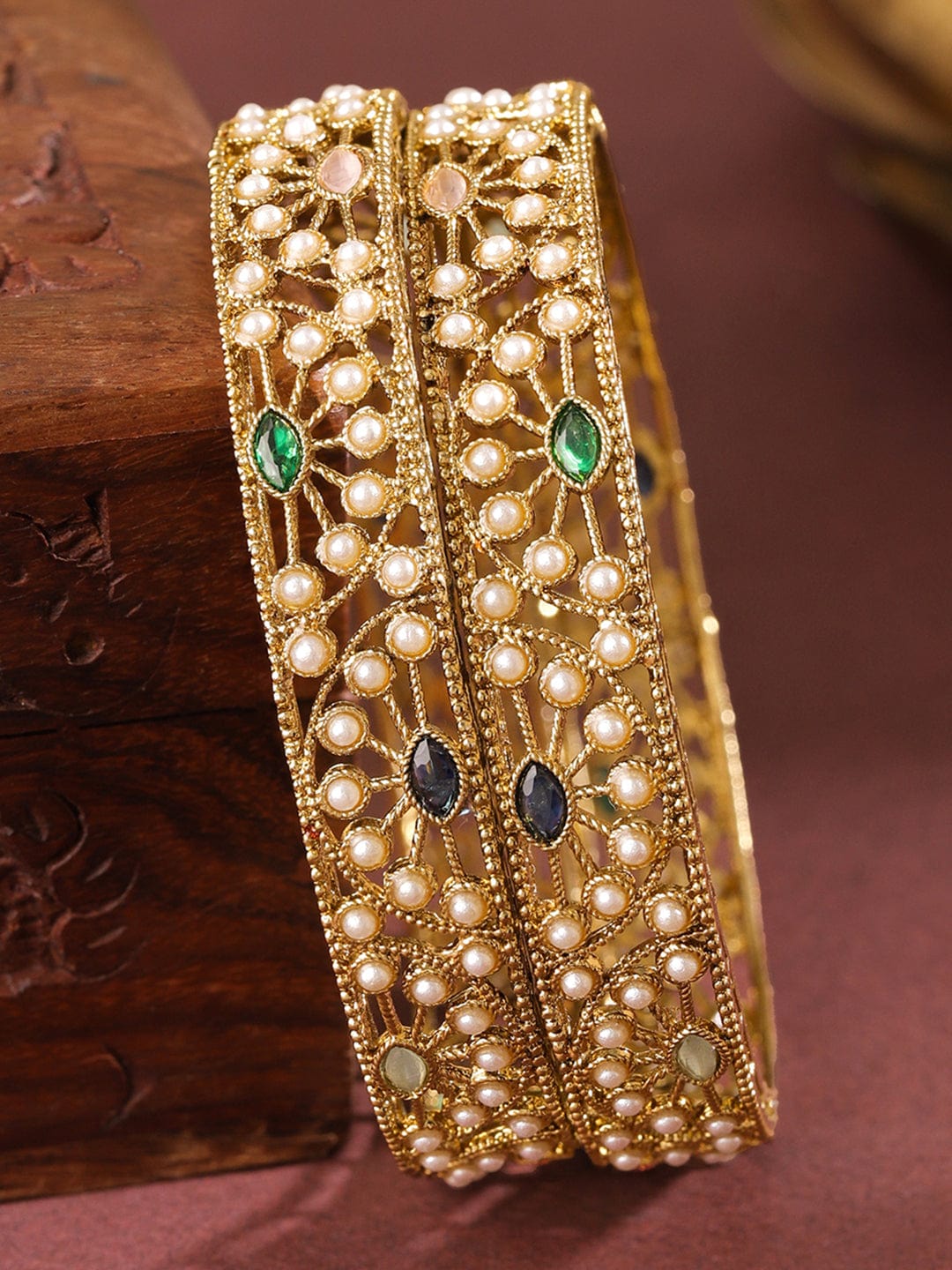 Rubans Set of 2 18K Gold-Plated Mini Pearl Studded & Multi-Coloured Stone Designer Bangles 2.4 - Small