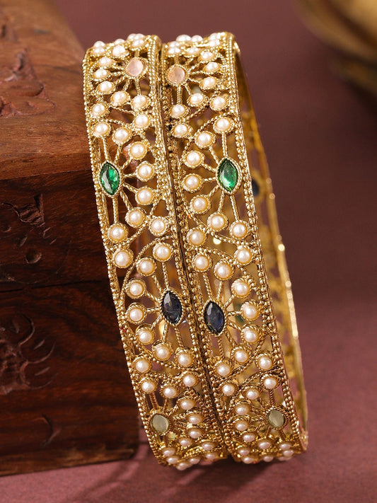 Rubans Set of 2 18K Gold-Plated Mini Pearl Studded & Multi-Coloured Stone Designer Bangles 2.4 - Small