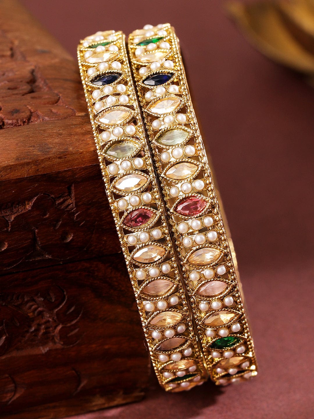 Rubans Set of 2 18K Gold-Plated Mini Pearl Studded & Multi-Colour Stone Patterned Bangles 2.8 - Large