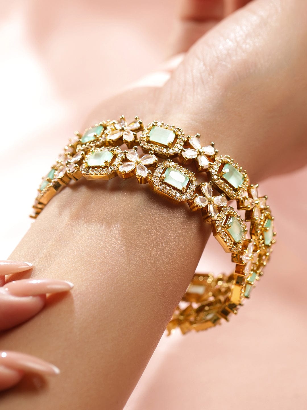 Rubans Set of 2 18K Gold-Plated Mint Green & White Cubic Zirconia Studded Floral Bangles 2.6 - Medium