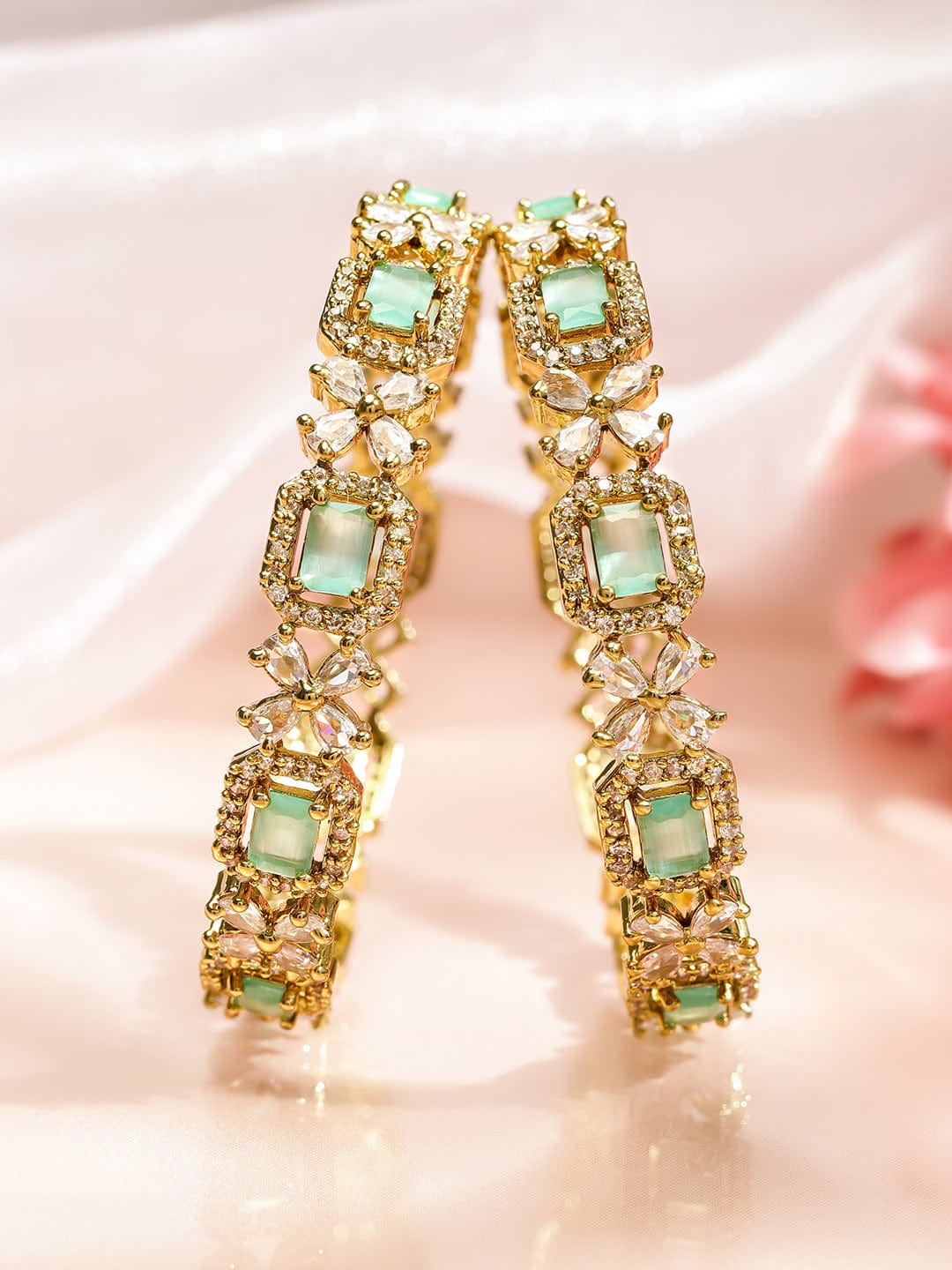 Rubans Set of 2 18K Gold-Plated Mint Green & White Cubic Zirconia Studded Floral Bangles 2.6 - Medium