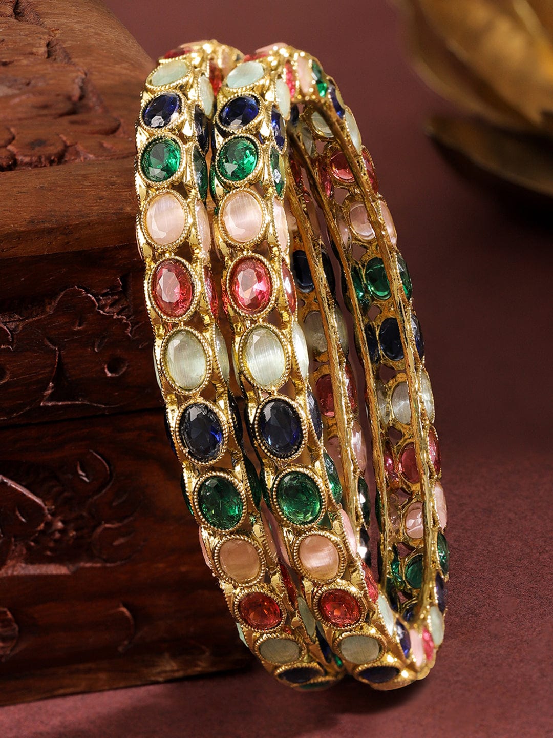Rubans Set of 2 18K Gold-Plated Multi-Coloured Oval Stone Studded Designer Bangles 2.6 - Medium