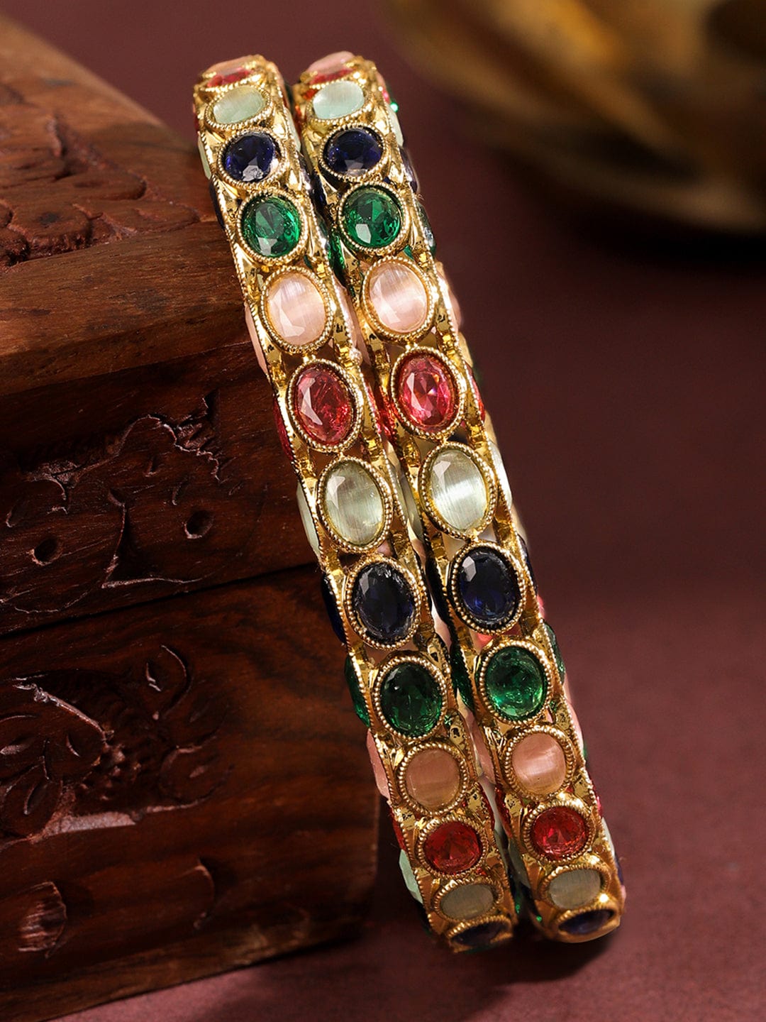 Rubans Set of 2 18K Gold-Plated Multi-Coloured Oval Stone Studded Designer Bangles 2.4 - Small