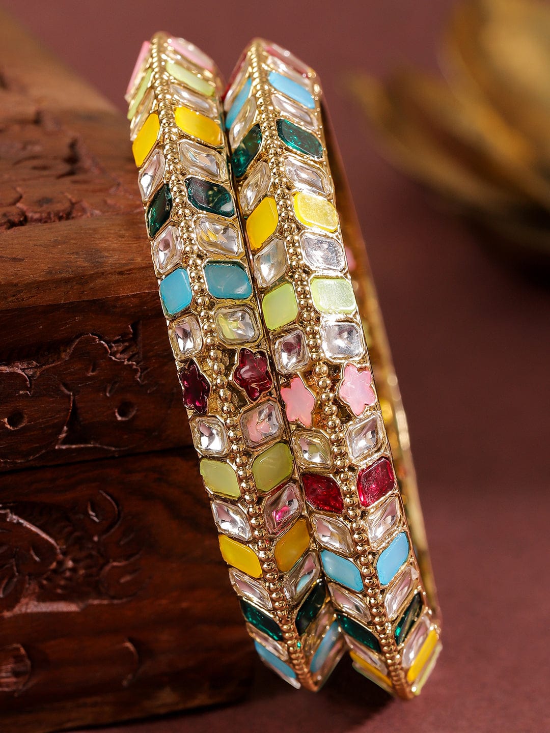 Rubans Set of 2 18K Gold-Plated Multi-Coloured Zirconia Stone Studded Traditional Bangles 2.4 - Small