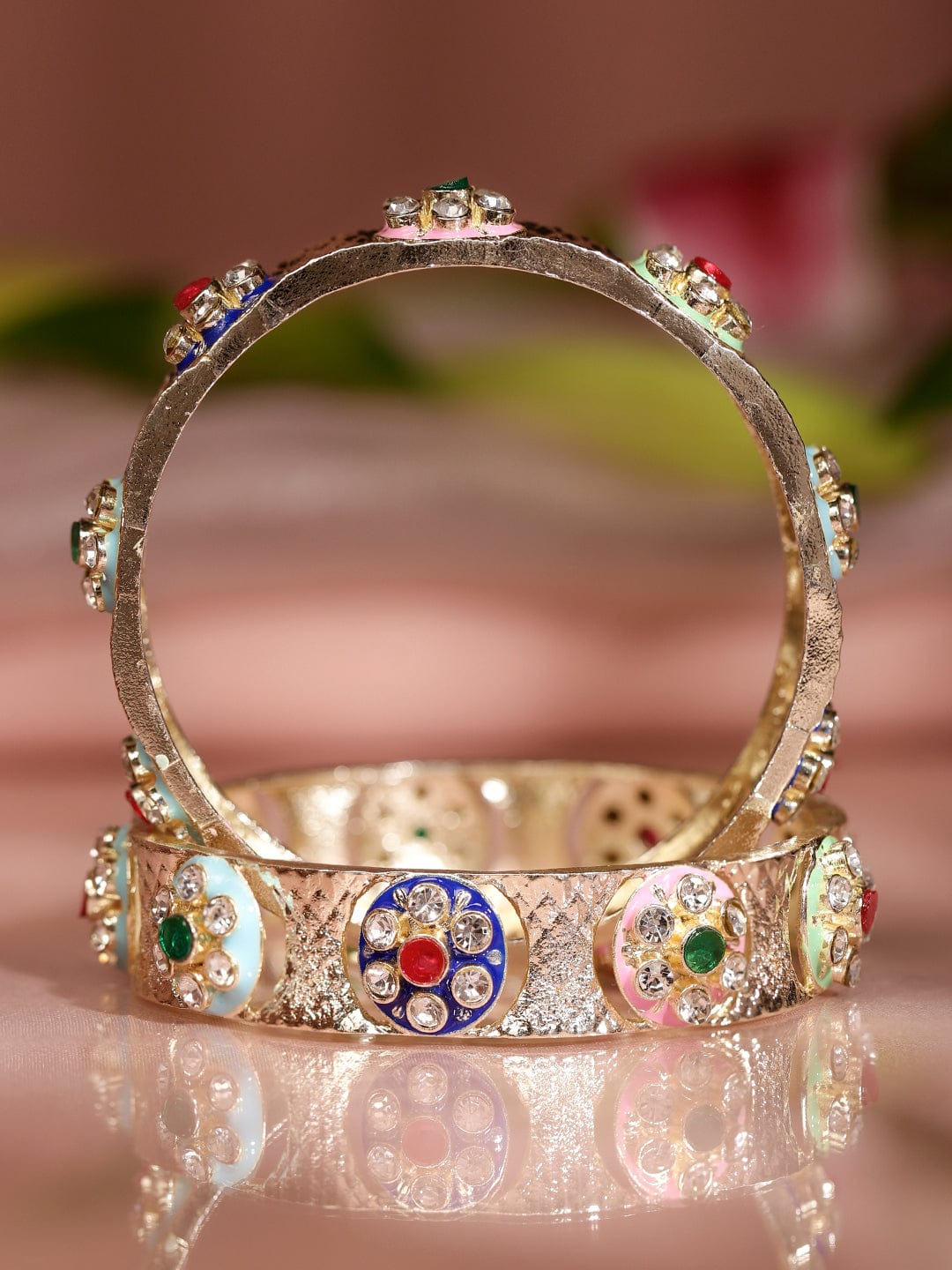 Rubans Set of 2 18K Gold-Plated Multicolor Enamel & Cubic Zirconia Studded Bangles 2.4 - Small