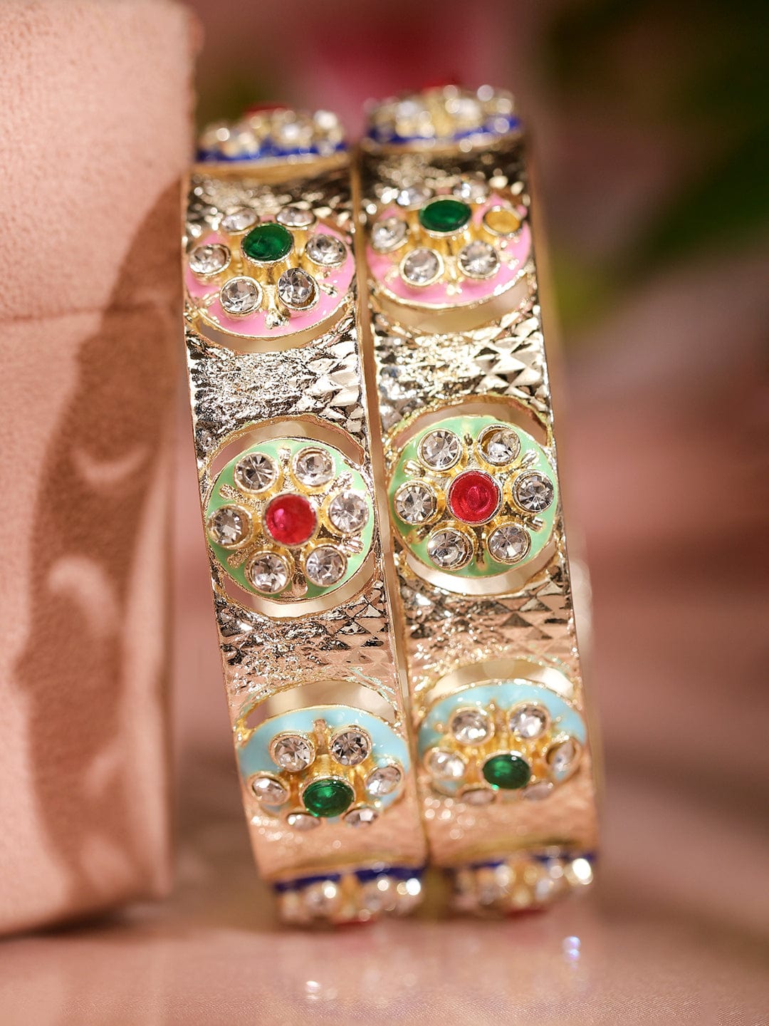 Rubans Set of 2 18K Gold-Plated Multicolor Enamel & Cubic Zirconia Studded Bangles 2.6 - Medium