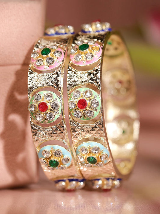 Rubans Set of 2 18K Gold-Plated Multicolor Enamel & Cubic Zirconia Studded Bangles 2.8 - Large