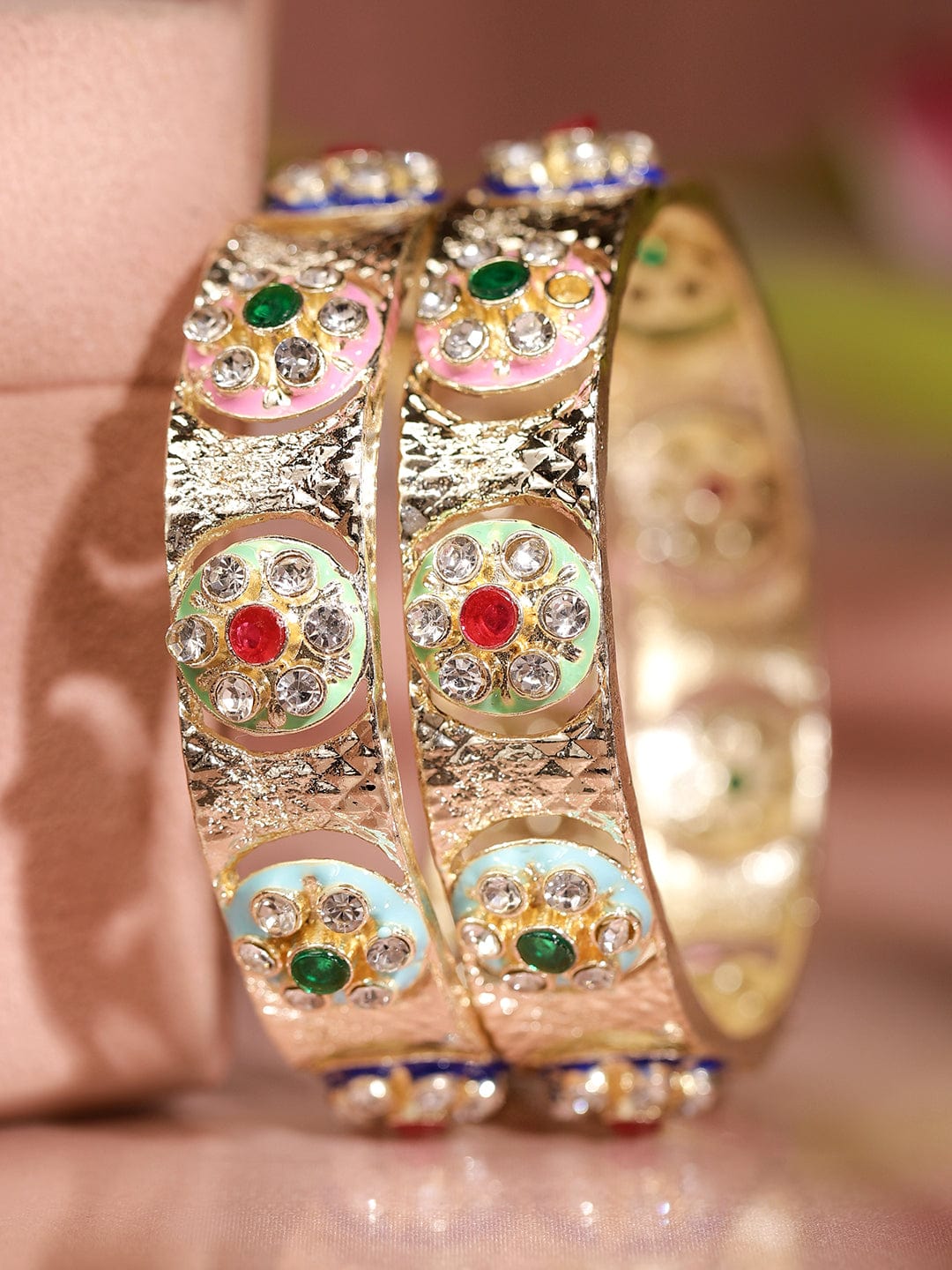 Rubans Set of 2 18K Gold-Plated Multicolor Enamel & Cubic Zirconia Studded Bangles 2.6 - Medium