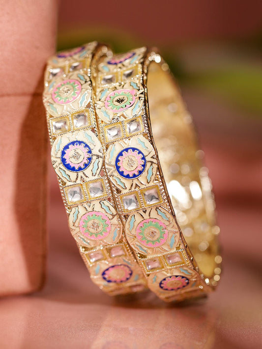 Rubans Set of 2 18K Gold-Plated Multicolor Enamel & Kundan Stone-Studed Handcrafted Bangle 2.10 - Extra Large