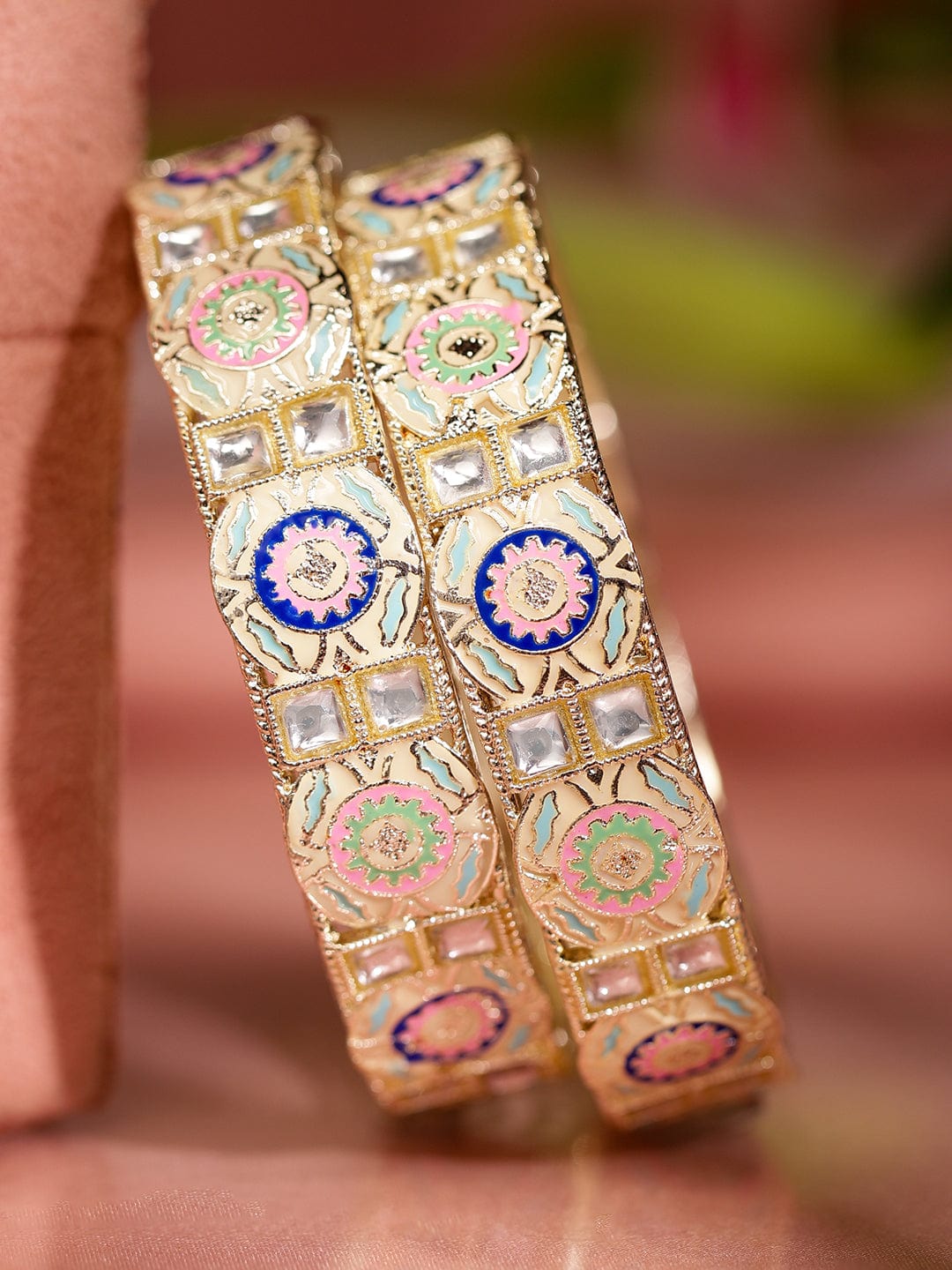 Rubans Set of 2 18K Gold-Plated Multicolor Enamel & Kundan Stone-Studed Handcrafted Bangle 2.8 - Large