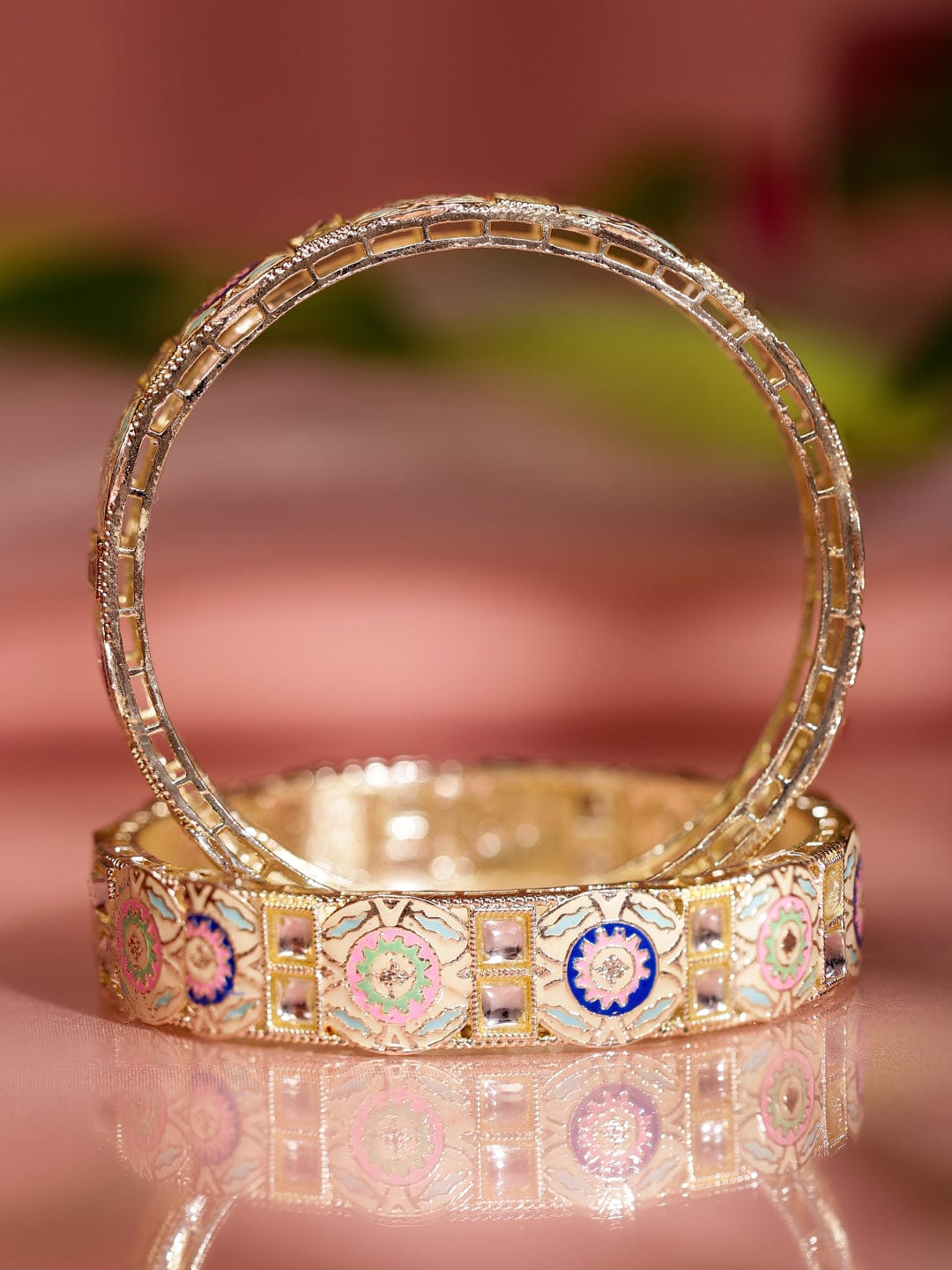 Rubans Set of 2 18K Gold-Plated Multicolor Enamel & Kundan Stone-Studed Handcrafted Bangle 2.8 - Large