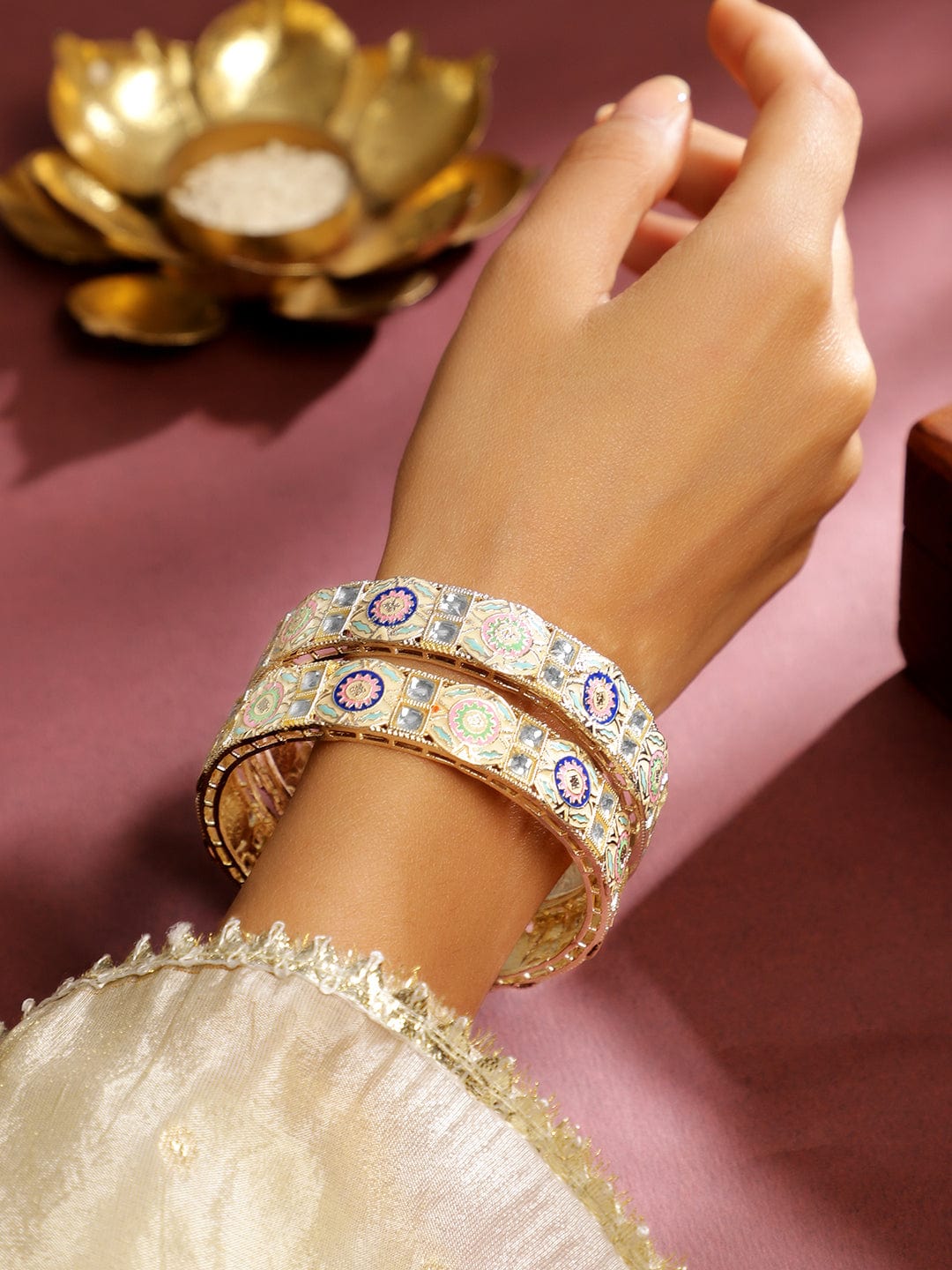 Rubans Set of 2 18K Gold-Plated Multicolor Enamel & Kundan Stone-Studed Handcrafted Bangle 2.6 - Medium