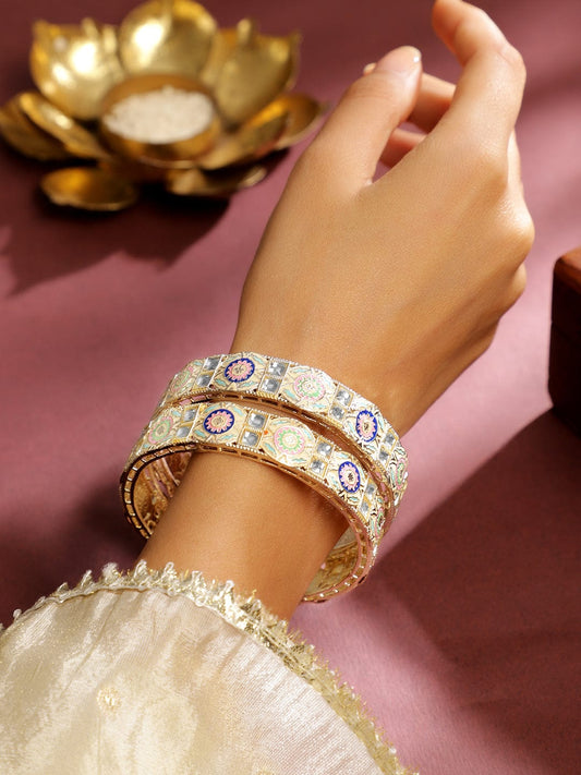 Rubans Set of 2 18K Gold-Plated Multicolor Enamel & Kundan Stone-Studed Handcrafted Bangle 2.6 - Medium