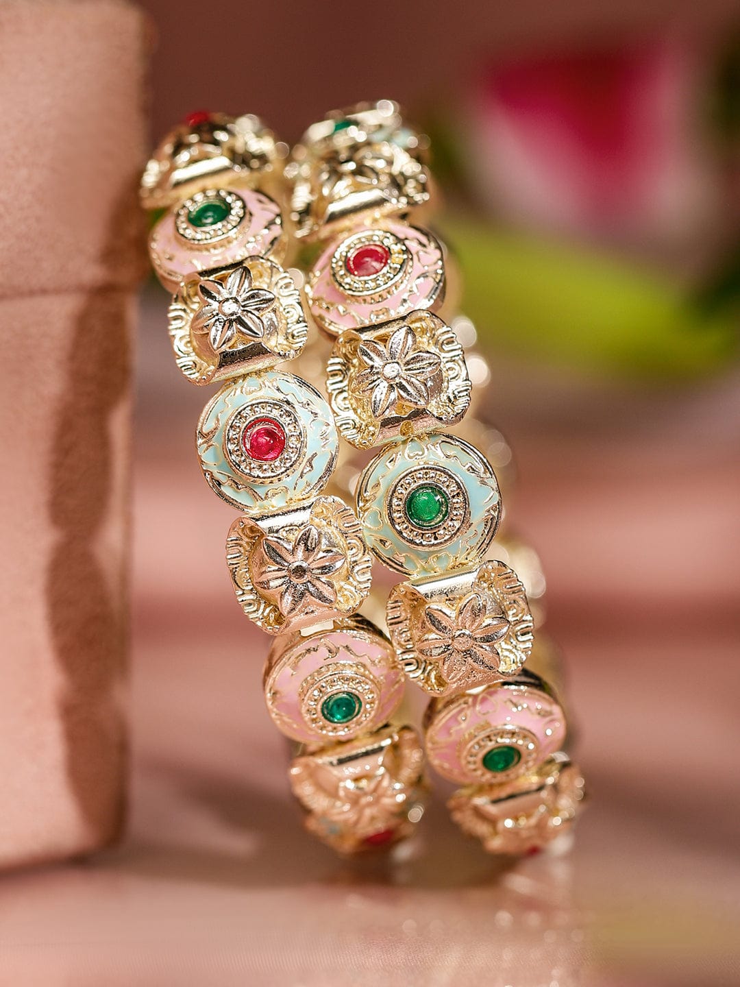 Rubans Set of 2 18K Gold-Plated Multicolor Enamel & Stone-Studded Floral Design Bangles 45749
