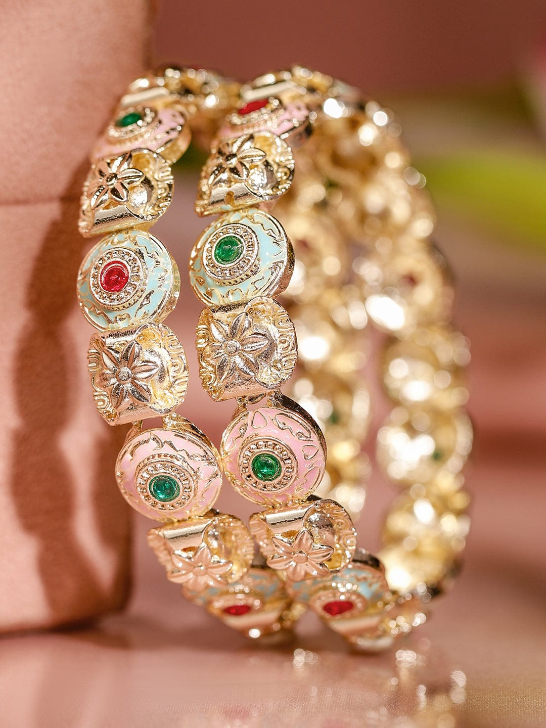 Rubans Set of 2 18K Gold-Plated Multicolor Enamel & Stone-Studded Floral Design Bangles 45749