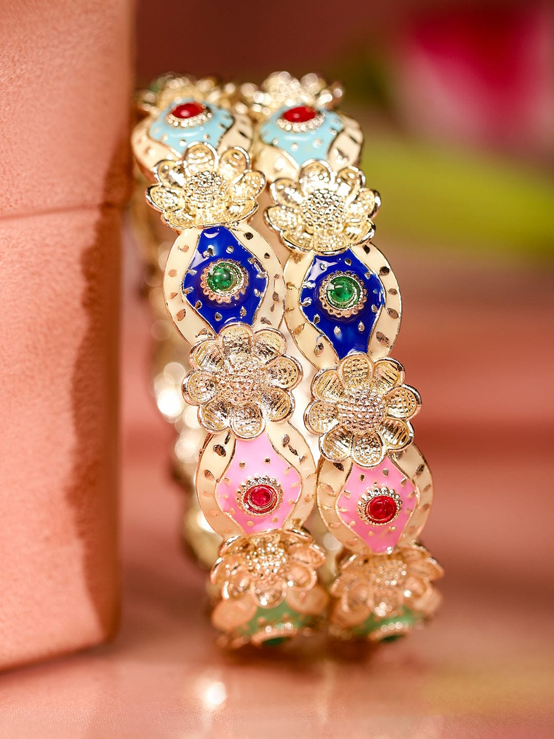 Rubans Set of 2 18K Gold-Plated Multicolor Enamel & Stone-Studded Floral Design Bangles 2.4 - Small