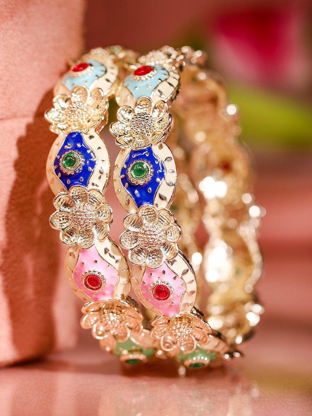 Rubans Set of 2 18K Gold-Plated Multicolor Enamel & Stone-Studded Floral Design Bangles 2.4 - Small