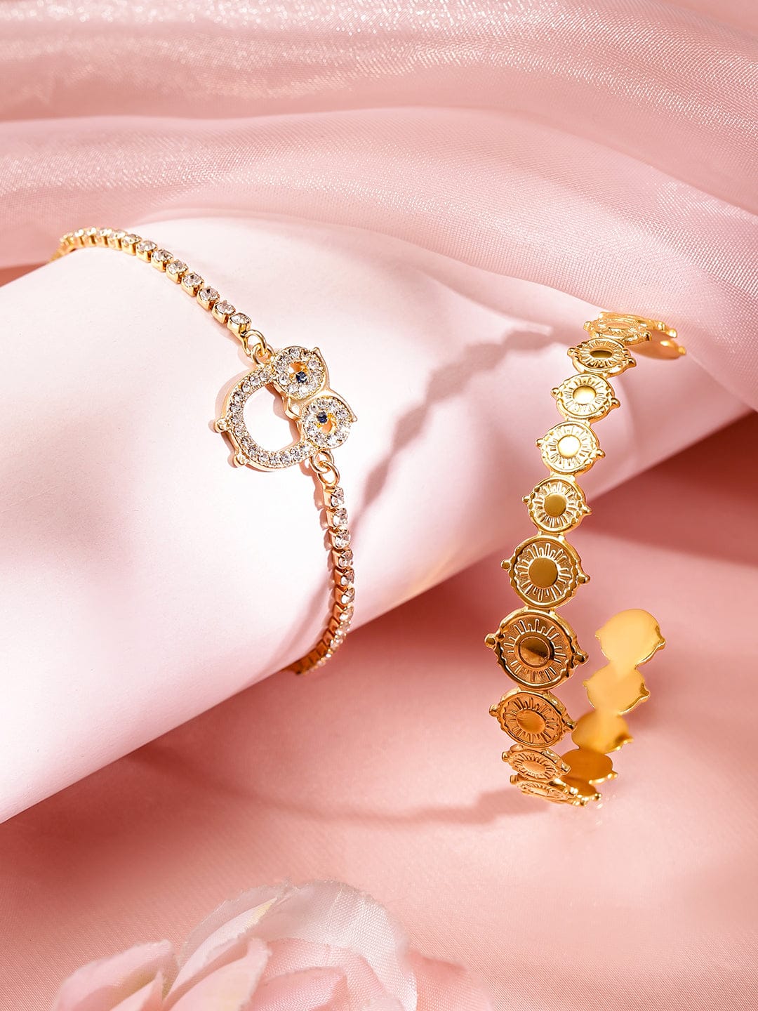 Rubans Set of 2, 18K Gold-Plated Owl & Coin Motif Bracelets Gold