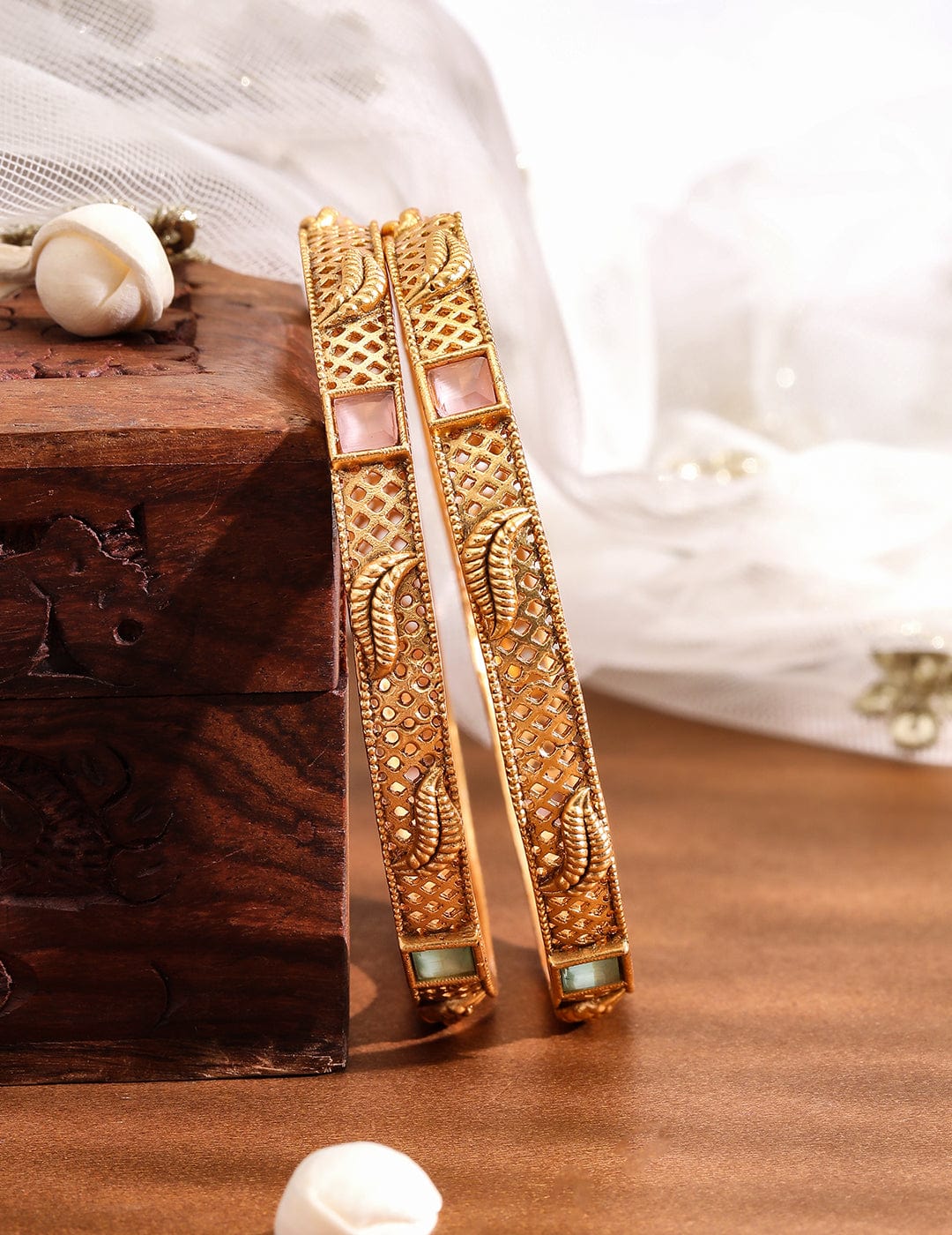 Rubans Set of 2 18K Gold-Plated Pastel Pink & Mint Green Stone Studded Traditional Bangles 2.8 - Large