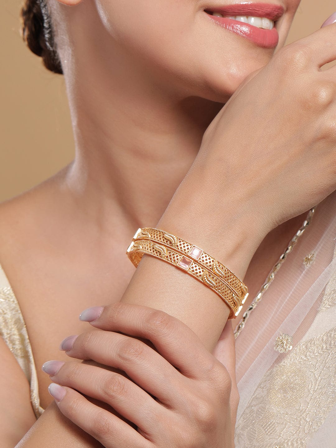 Rubans Set of 2 18K Gold-Plated Pastel Pink & Mint Green Stone Studded Traditional Bangles 2.8 - Large