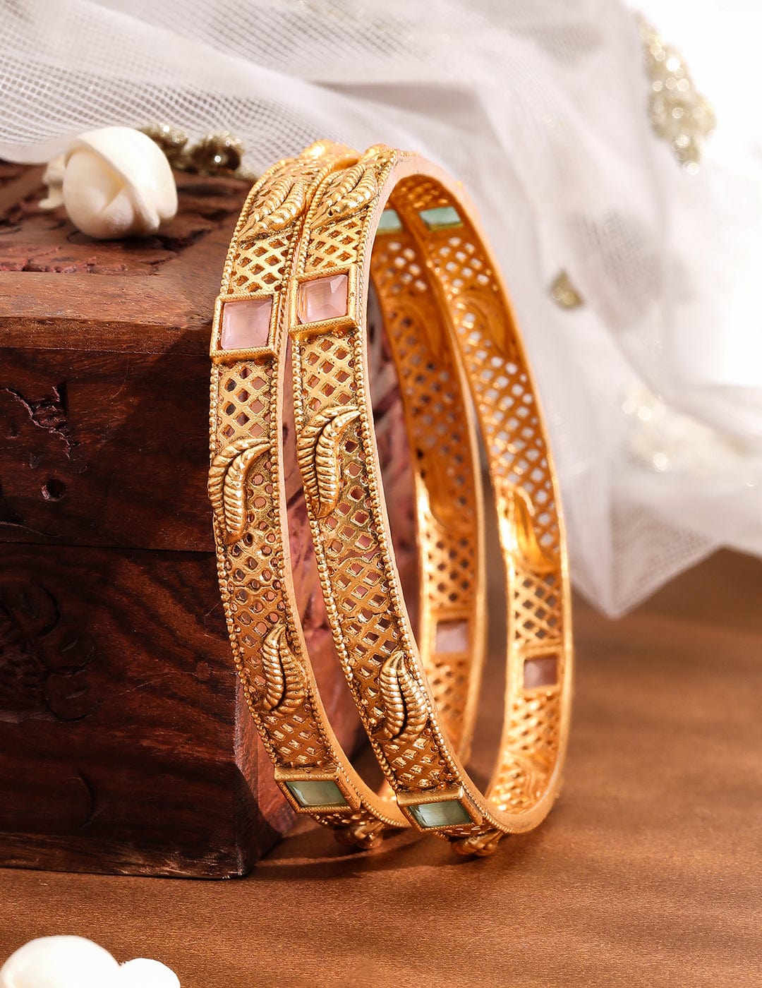 Rubans Set of 2 18K Gold-Plated Pastel Pink & Mint Green Stone Studded Traditional Bangles 2.6 - Medium