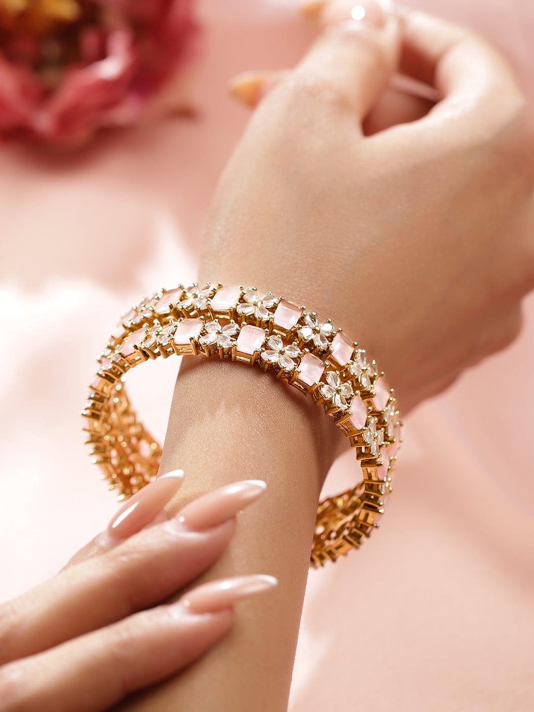 Rubans Set of 2 18K Gold-Plated Pastel Pink & White Cubic Zirconia Studded Floral Bangles 2.6 - Medium