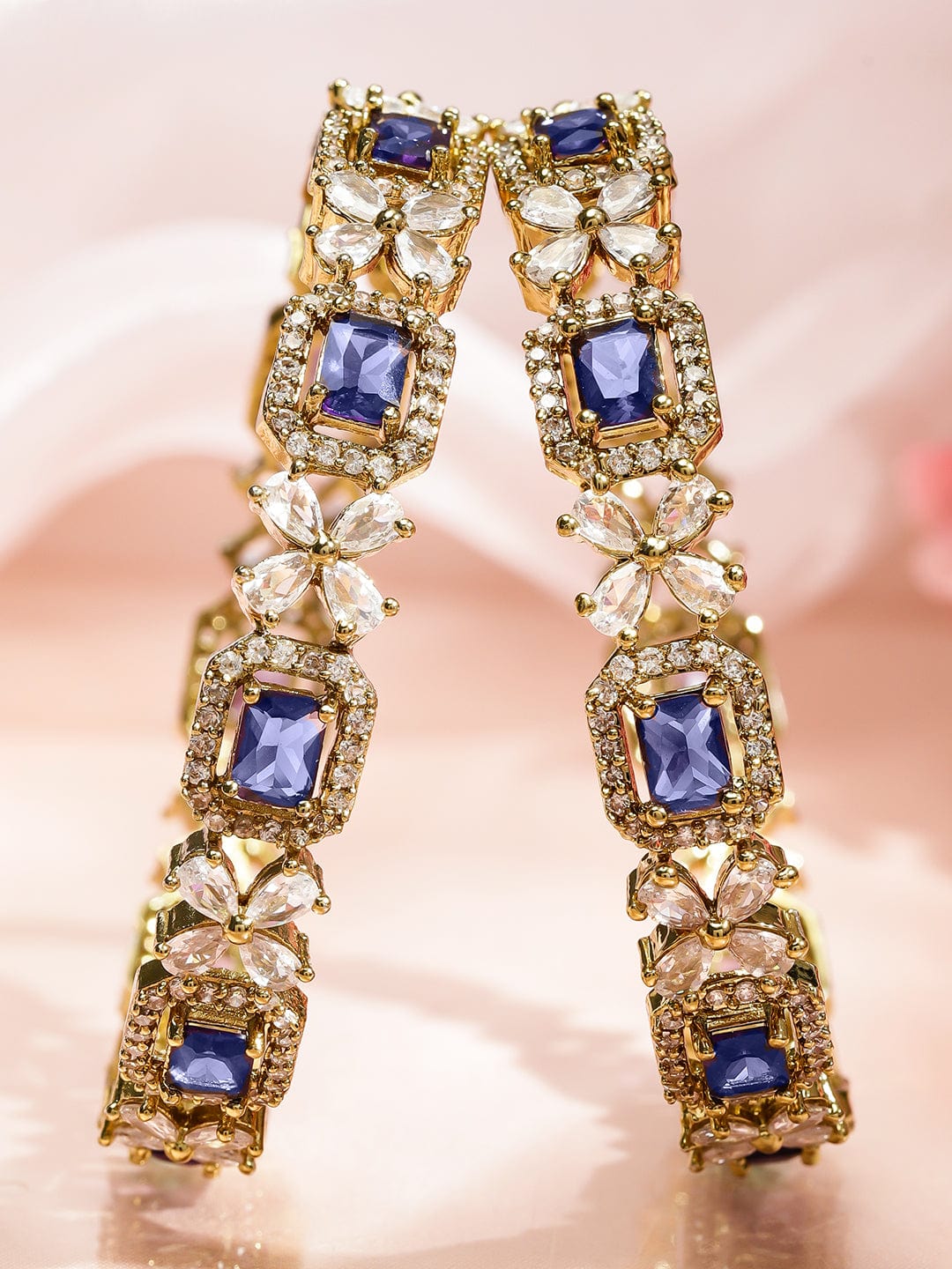 Rubans Set of 2 18K Gold-Plated Purple AD & White Zirconia Studded Floral Design Bangles 2.4 - Small