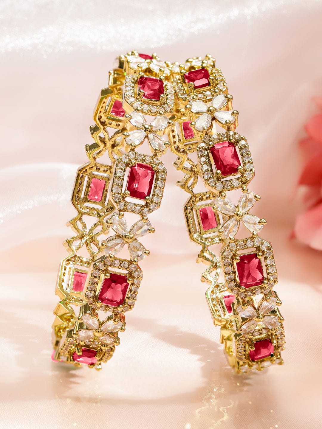 Rubans Set of 2 18K Gold-Plated Ruby Red & White Zirconia Studded Floral Design Bangles 2.4 - Small