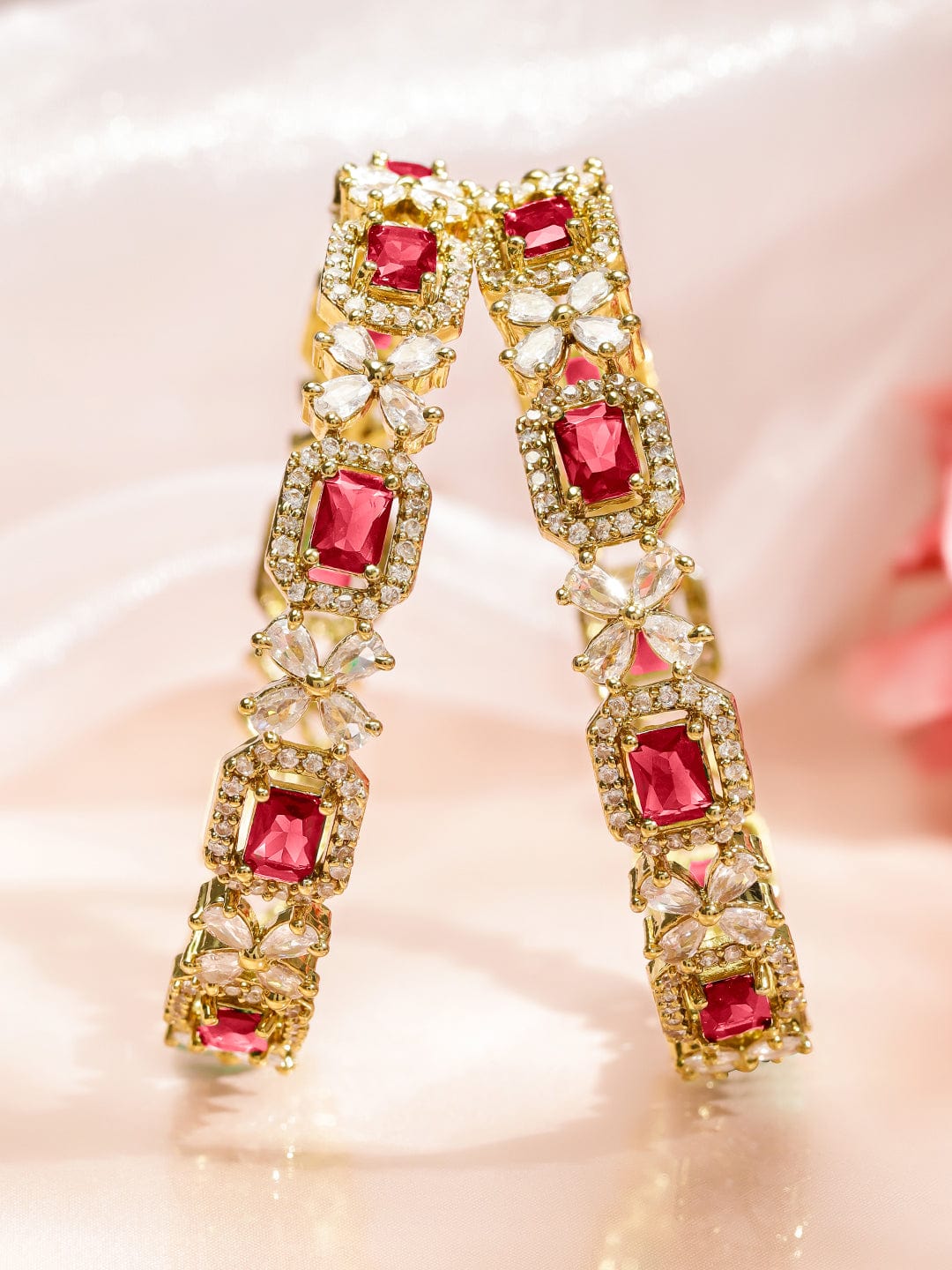 Rubans Set of 2 18K Gold-Plated Ruby Red & White Zirconia Studded Floral Design Bangles 2.4 - Small