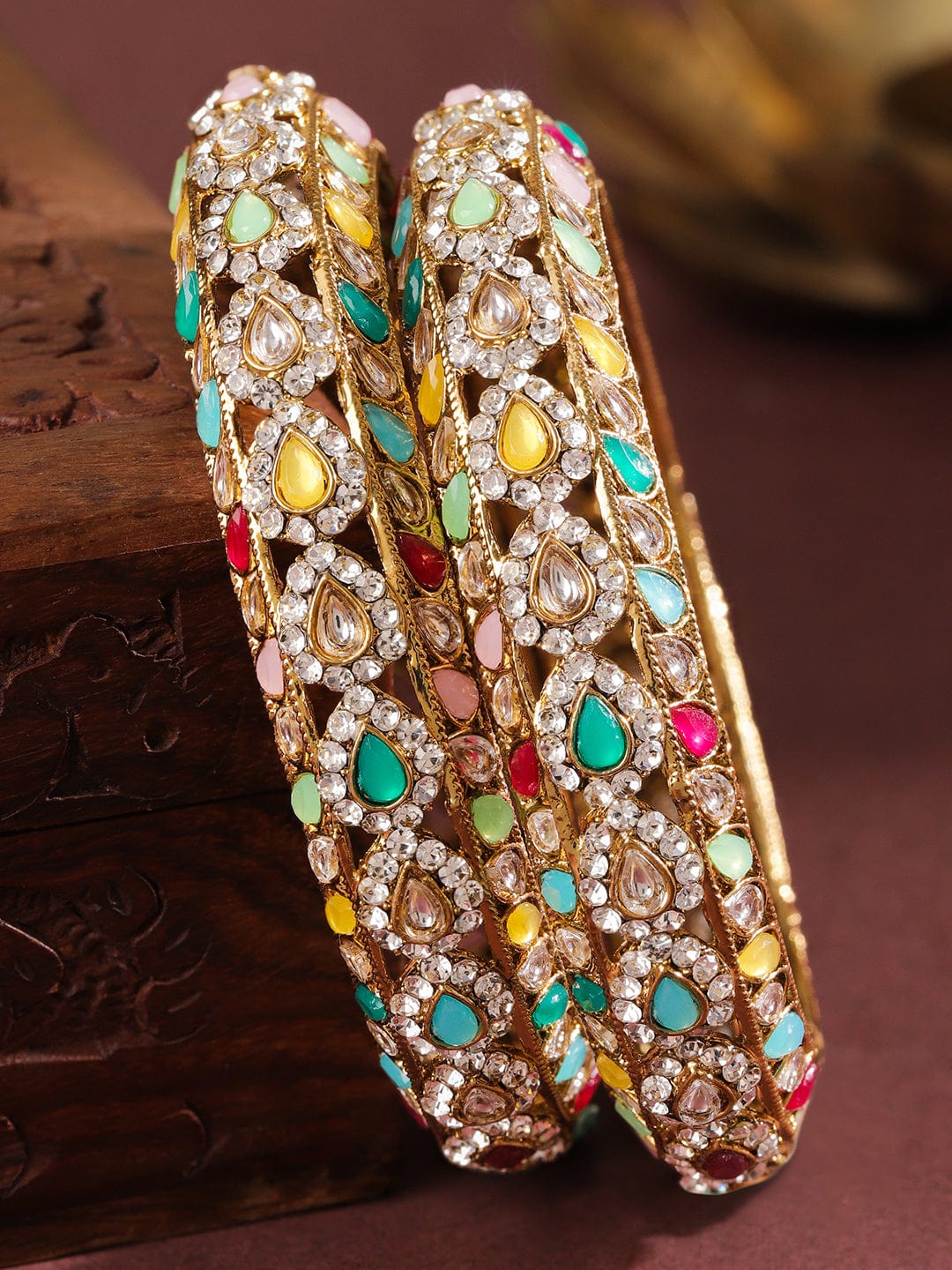 Rubans Set of 2 18K Mehandi Gold-Plated Multicolor Kundan & Zirconia Studded Designer Bangles 2.6 - Medium