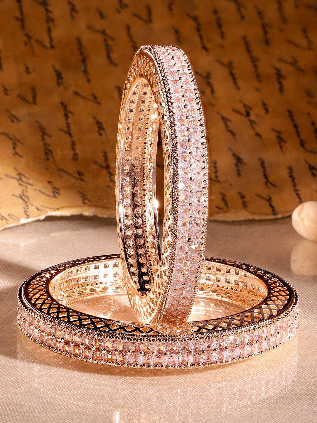 Rubans Set of 2 18K Rose Gold-Plated White Cubic Zirconia Studded Luxe Bangles for Women 2.6 - Medium