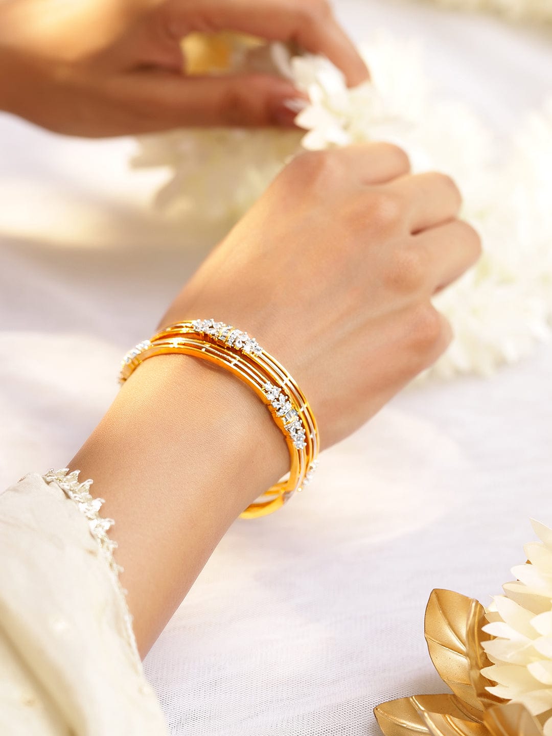 Rubans Set of 2, 22K Gold-Plated & Rhodium Accent Cubic Zirconia Studded Bangles 2.6 - Medium