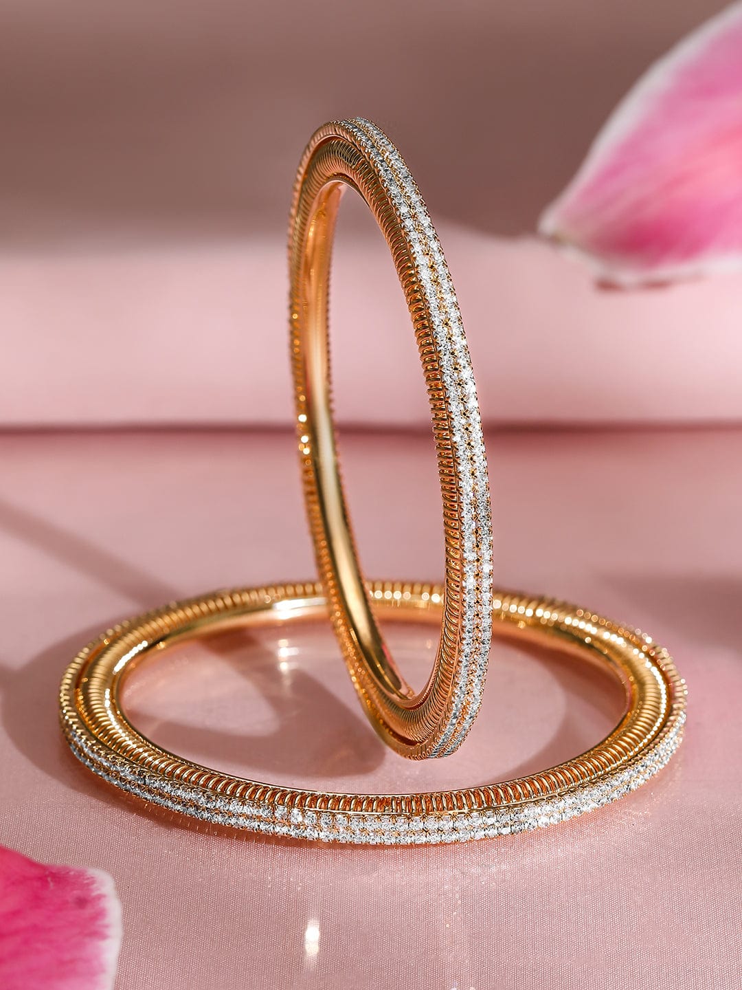 Rubans Set of 2, 22K Gold-Plated Cubic Zirconia Studded Sparkling Premium Bangles 2.8 - Large