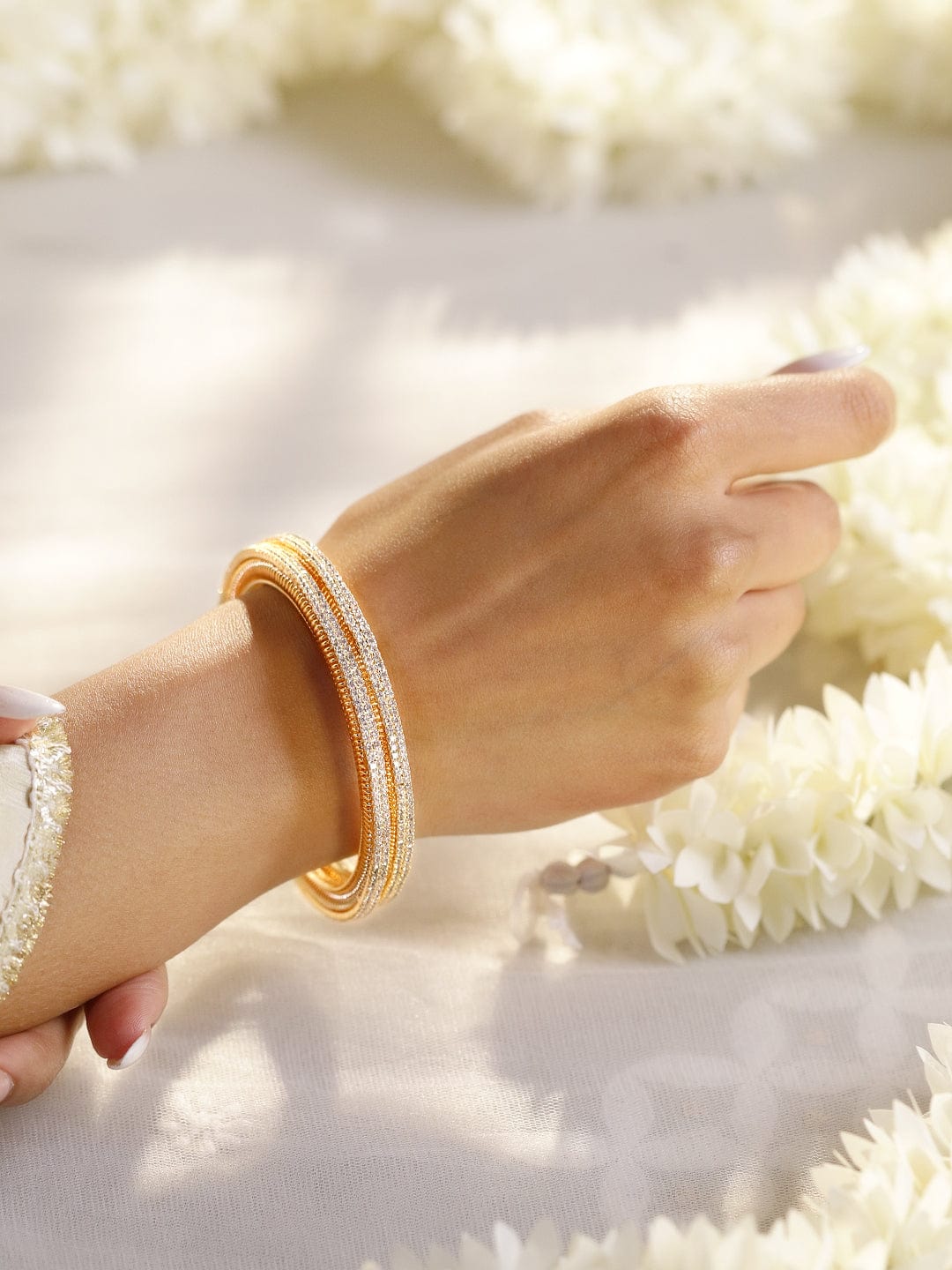 Rubans Set of 2, 22K Gold-Plated Cubic Zirconia Studded Sparkling Premium Bangles 2.8 - Large